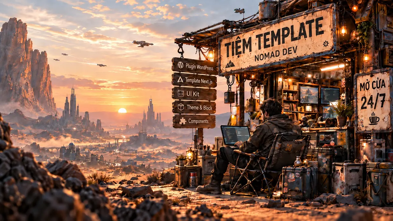 Tiệm Template – Nomad Dev: tiệm template và plugin website giữa sa mạc lúc hoàng hôn